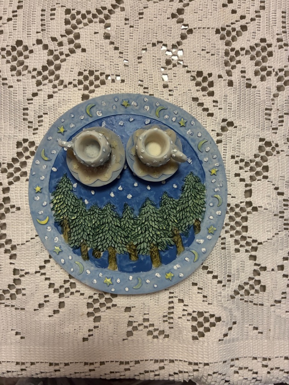 Hand-Painted Forest Night Wall Plaque - Blue